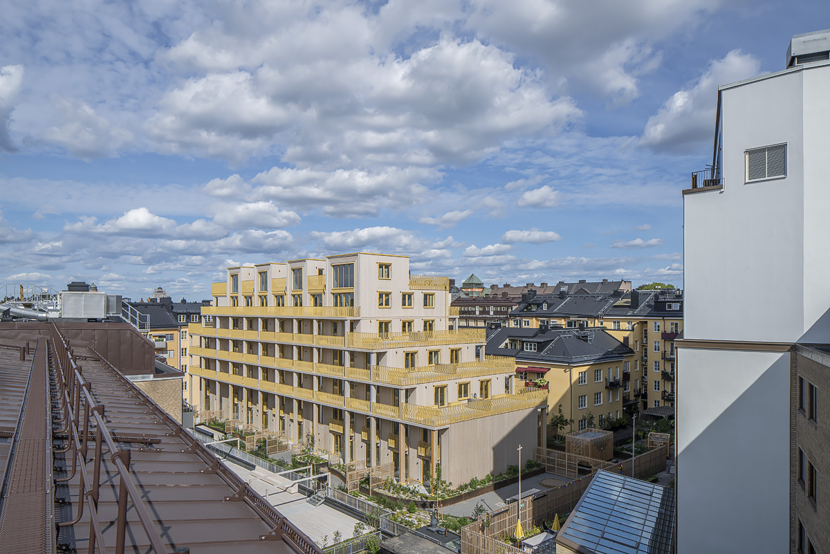 Gårdslunden sett ovanifrån, omgivet av Kungsholmens tak och kvarter.